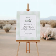 Load image into Gallery viewer, Sage green gingham golf cart baby shower welcome sign 2041
