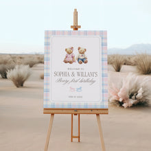 Load image into Gallery viewer, Pink &amp; Blue Bearly First Birthday Welcome Sign Template | Editable Twin Siblings Teddy Bear Digital Download 0327
