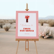 Load image into Gallery viewer, She Is Ready to Pop Baby Shower Welcome Sign Red Gingham Bow 2039
