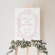 Load image into Gallery viewer, Pink Toile Baby Shower Welcome Sign Coquette bow Floral Template 2040
