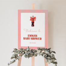 Load image into Gallery viewer, She Is Ready to Pop Baby Shower Welcome Sign Red Gingham Bow 2039
