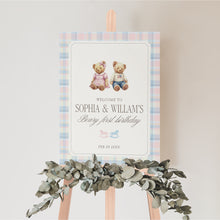 Load image into Gallery viewer, Pink &amp; Blue Bearly First Birthday Welcome Sign Template | Editable Twin Siblings Teddy Bear Digital Download 0327
