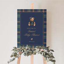 Load image into Gallery viewer, 2036 Navy Plaid Teddy Bear Girl Baby Shower Welcome Sign Template, Digital Download
