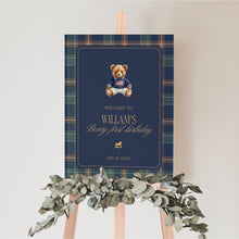 Load image into Gallery viewer, 0327 Navy Plaid Beary First Birthday Welcome Sign Template | Digital Download
