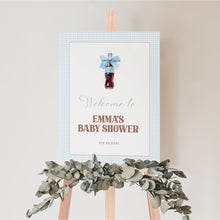 Load image into Gallery viewer, She Is Ready to Pop Baby Shower Welcome Sign Blue Gingham Bow 2039
