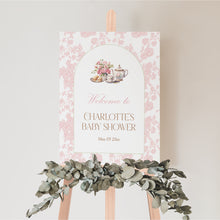 Load image into Gallery viewer, Time for Tea Baby Shower Pink Toile Floral Welcome Sign Template 2023
