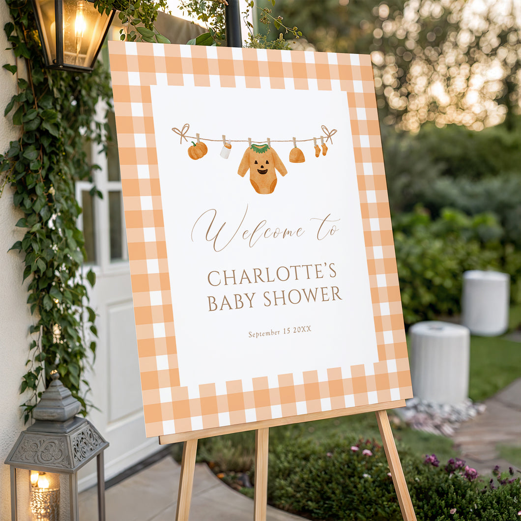 Autumn Baby Shower Welcome Sign, Editable Gingham Template, Little Pumpkin is on the Way, Digital Download 2028