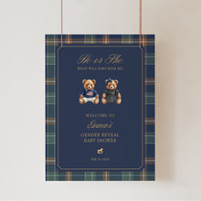 Load image into Gallery viewer, 2036 Navy Plaid Teddy Bear Gender Reveal Baby Shower Welcome Sign Template, Digital Download

