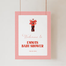 Load image into Gallery viewer, She Is Ready to Pop Baby Shower Welcome Sign Red Gingham Bow 2039
