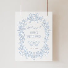 Load image into Gallery viewer, Blue Toile Baby Shower Welcome Sign Coquette bow Floral Template 2040
