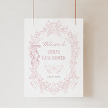 Load image into Gallery viewer, Pink Toile Baby Shower Welcome Sign Coquette bow Floral Template 2040
