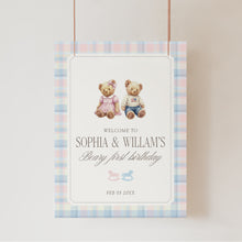Load image into Gallery viewer, Pink &amp; Blue Bearly First Birthday Welcome Sign Template | Editable Twin Siblings Teddy Bear Digital Download 0327
