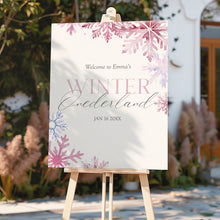 Load image into Gallery viewer, 0319 Pink Winter Onderland Snow Flakes 1st Birthday party Welcome sign template (digital download)
