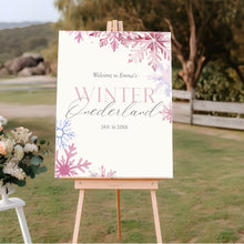 Load image into Gallery viewer, 0319 Pink Winter Onderland Snow Flakes 1st Birthday party Welcome sign template (digital download)
