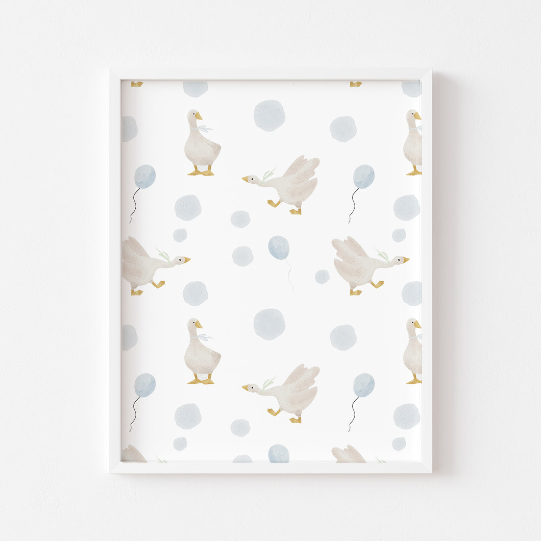 Watercolor whimsical blue silly goose pattern art print 07-276