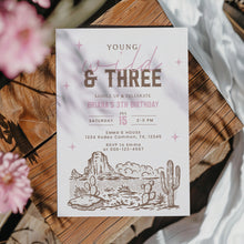Load image into Gallery viewer, Pink Young Wild and Three Invitation Girl 3rd Birthday Cowboy Western Editable Template 0336
