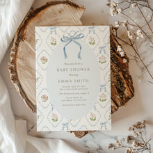 Load image into Gallery viewer, 2037 blue bow coquette whimsical baby shower invite, digital download, editable template
