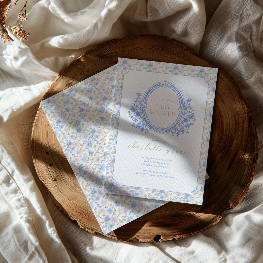 Corjl editable grandmillenial style baby shower invitation 2015