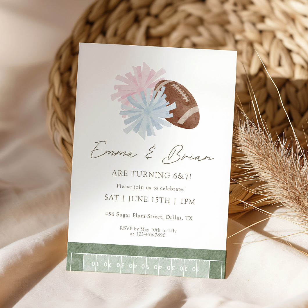 0325 Cheer & Football Joint Birthday Invitation, Twin Siblings Sports Invite, Digital Download Template