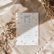 Load image into Gallery viewer, 2037 blue bow coquette whimsical baby shower invite, digital download, editable template
