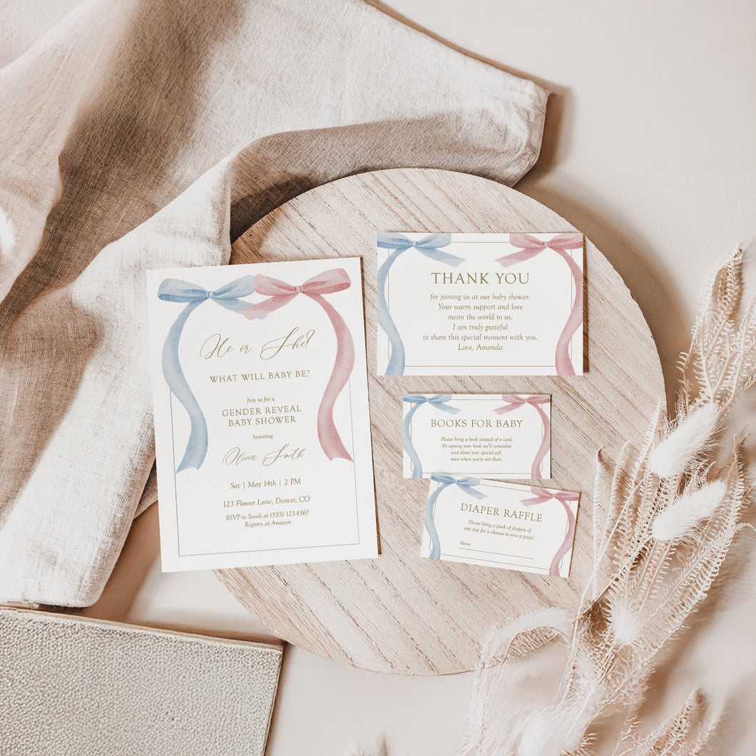 Pink Blue Bow Coquette Gender Reveal Baby Shower Invitation Template Bundle (Digital Download) 2031