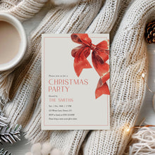 Load image into Gallery viewer, 2033 Red Bow Christmas Dinner Party Invite, Winter Coquette Holiday Editable Template Digital Download

