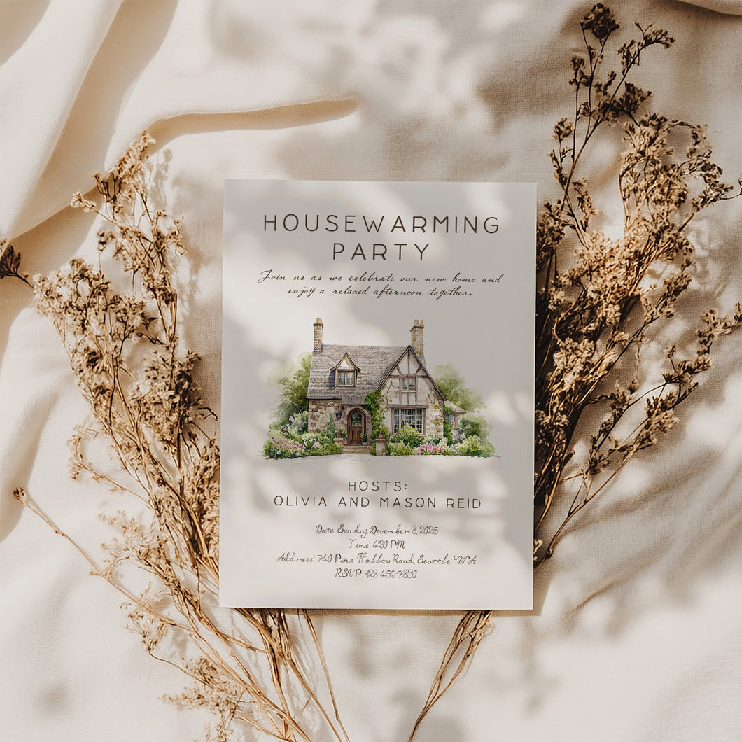 2035 Cottage Housewarming Party Invite, Moving Announcement, Digital Download, Editable Template