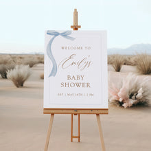 Load image into Gallery viewer, 2031 Coquette Blue Bow Baby Shower Welcome Sign, Editable template, Digital Download
