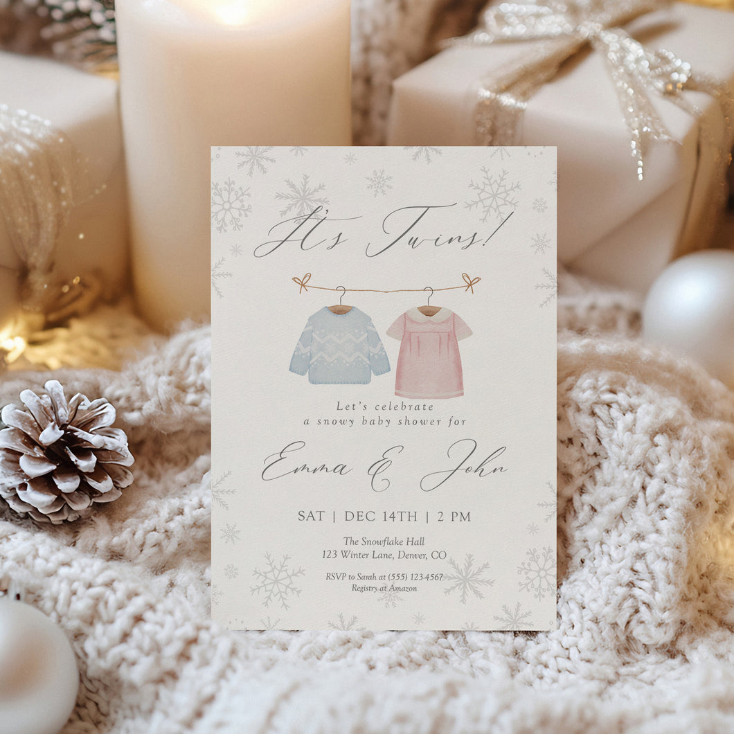 2029 Winter It's a Twins Baby Shower Invitation, Twin Siblings Christmas Holiday Editable Invite Template, Digital Download