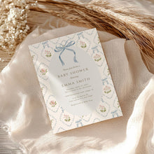 Load image into Gallery viewer, 2037 blue bow coquette whimsical baby shower invite, digital download, editable template
