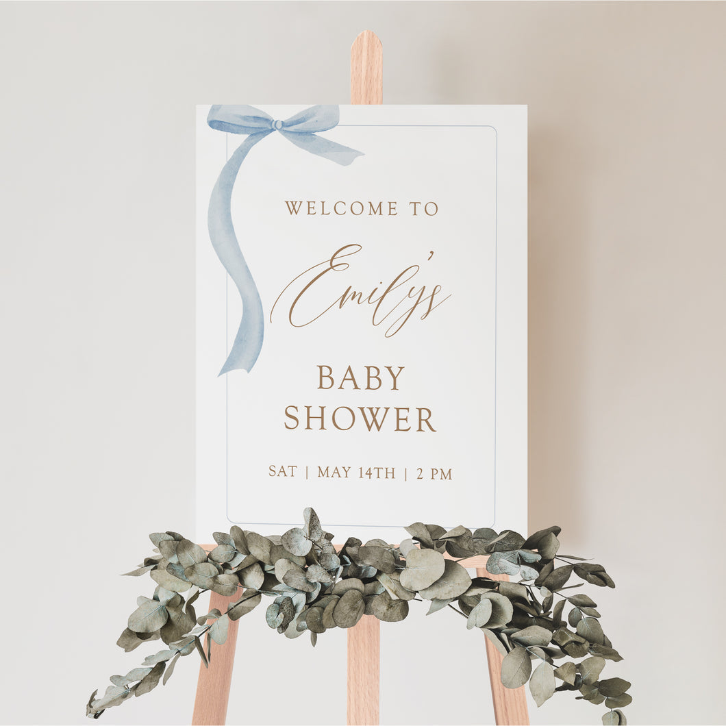 2031 Coquette Blue Bow Baby Shower Welcome Sign, Editable template, Digital Download