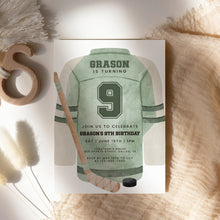Load image into Gallery viewer, Sage Green Hockey Jersey Birthday Invitation Template for Boys, Watercolor Sports Birthday Invite 0335

