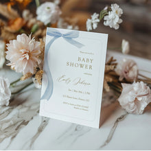 Load image into Gallery viewer, Blue Bow Baby Shower Invitation, Watercolor Coquette Ribbon Template, Digital Download 2031
