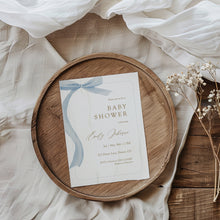 Load image into Gallery viewer, Blue Bow Baby Shower Invitation, Watercolor Coquette Ribbon Template, Digital Download 2031
