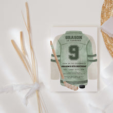 Load image into Gallery viewer, Sage Green Hockey Jersey Birthday Invitation Template for Boys, Watercolor Sports Birthday Invite 0335
