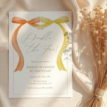 Load image into Gallery viewer, Orange yellow bow Double the Fun bow Invitation, sisters birthday, editable template, digital download 0324
