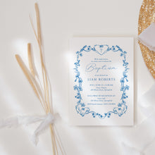 Load image into Gallery viewer, 0501 navy blue floral frame baptism invitation template
