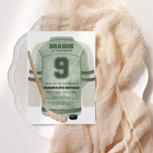 Load image into Gallery viewer, Sage Green Hockey Jersey Birthday Invitation Template for Boys, Watercolor Sports Birthday Invite 0335
