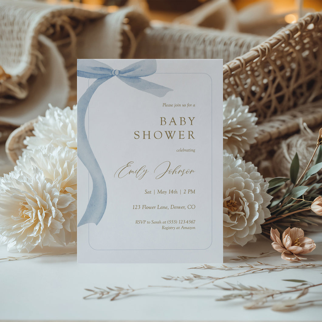 Blue Bow Baby Shower Invitation, Watercolor Coquette Ribbon Template, Digital Download 2031