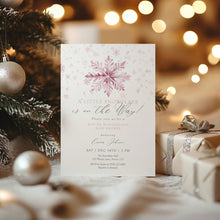 Load image into Gallery viewer, 2024 pink little snowflake is on the way winter wonderland invitation template
