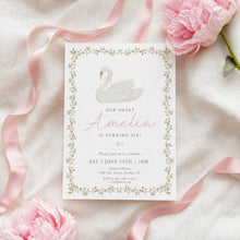 Load image into Gallery viewer, Pink Coquette Swan Birthday Invitation Editable Girl Whimsical Template 0339
