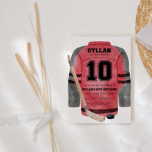Load image into Gallery viewer, Red Hockey Jersey Birthday Invitation Template for Boys, Watercolor Sports Birthday Invite 0335

