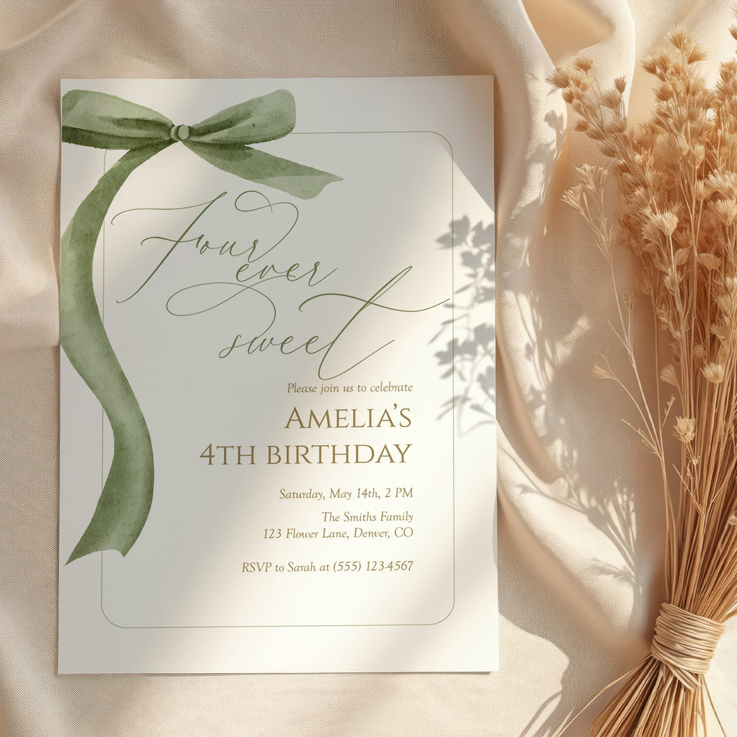 Four Ever Sweet Green Bow Invitation, Editable template, Digital Download 0324