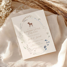 Load image into Gallery viewer, 2024 Merry Little Baby Shower Invitation, Winter Floral Baby Shower Invite, Woodland Fawn Gender Neutral Shower
