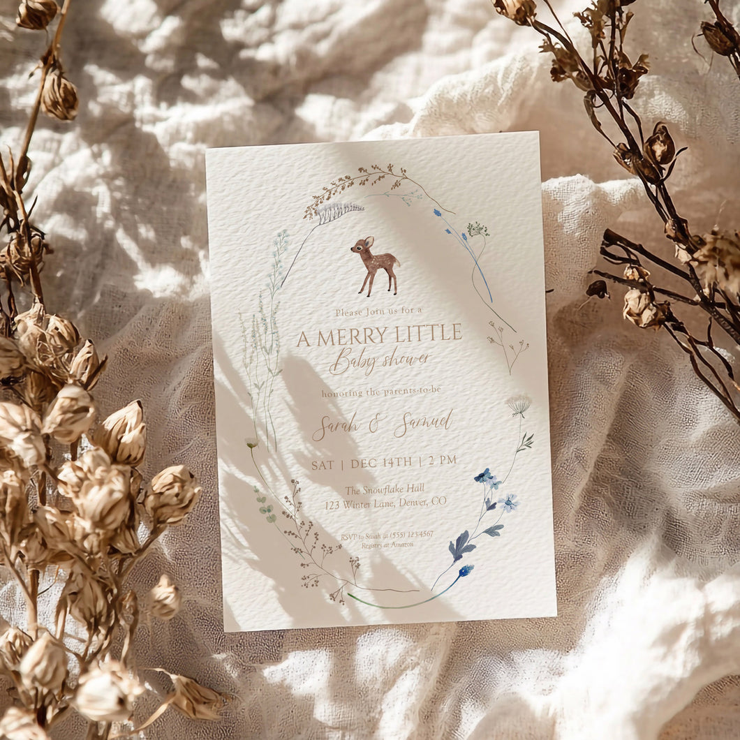 2024 Merry Little Baby Shower Invitation, Winter Floral Baby Shower Invite, Woodland Fawn Gender Neutral Shower