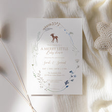 Load image into Gallery viewer, 2024 Merry Little Baby Shower Invitation, Winter Floral Baby Shower Invite, Woodland Fawn Gender Neutral Shower
