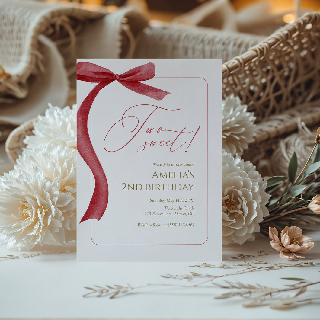 Red Bow Two Sweet 2nd Birthday Invitation, Editable Template, Digital download 0324