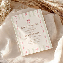 Load image into Gallery viewer, 2024 Pink Bow Baby Shower Invitation, Baby is on the Way, Editable Girl Baby Shower Template, Vintage Stripe Baby Shower Invite
