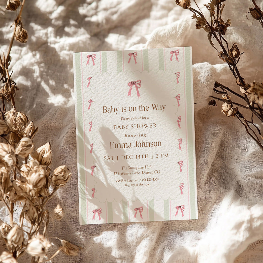 2024 Pink Bow Baby Shower Invitation, Baby is on the Way, Editable Girl Baby Shower Template, Vintage Stripe Baby Shower Invite