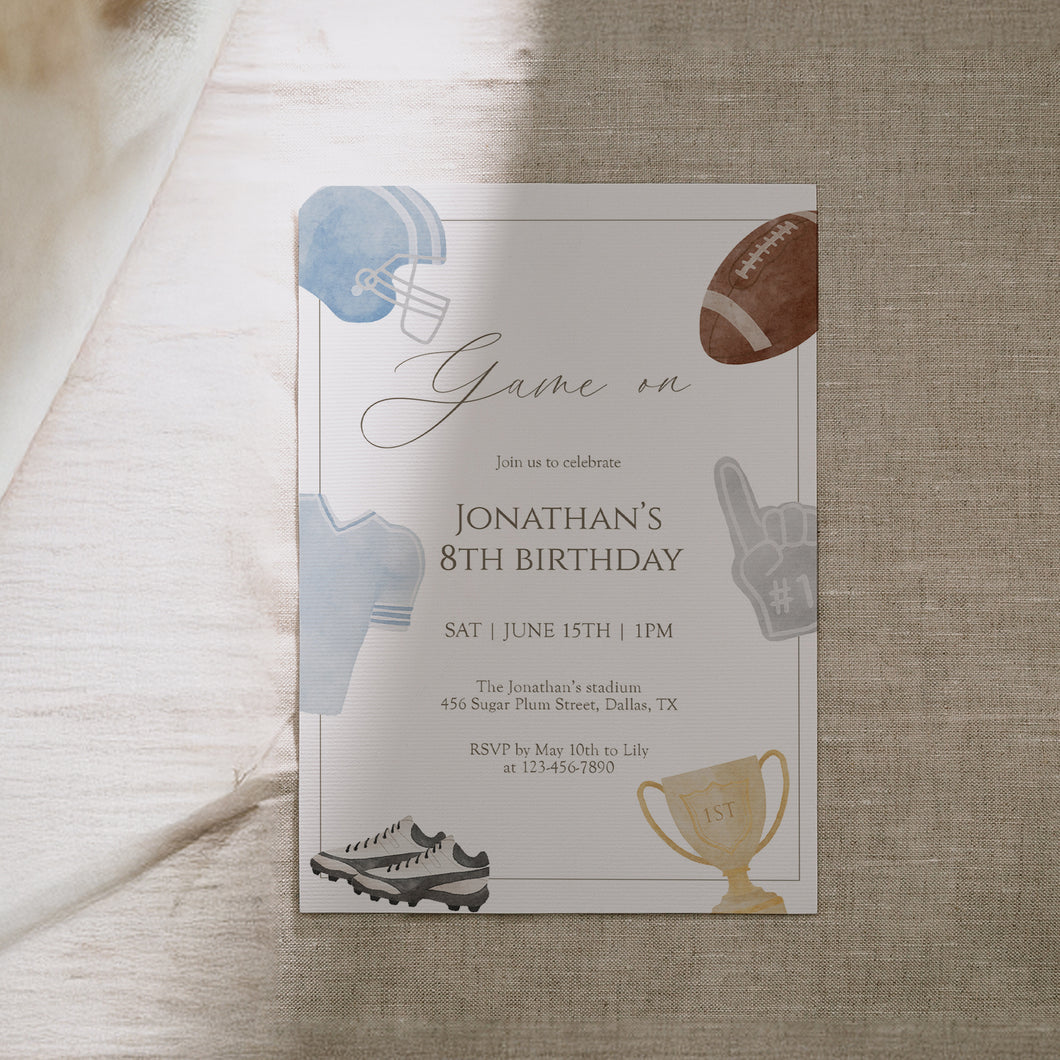 0325 Blue Game On Football Birthday Invite, Printable Sports Party Invite, Editable Template, Digital download